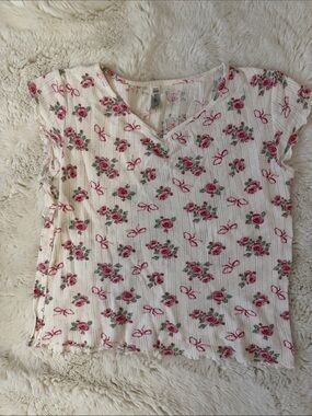 Floral V-Neck Short Sleeve Cute Pajama Top - White with Pink Rose Print